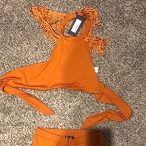 Nasty Gal burnt orange crop top with fringe sleeve and trousers. 2 piece set